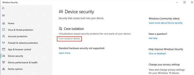Enter Core Isolation Details On Windows Security