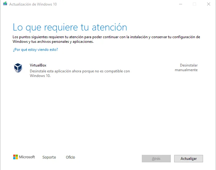 ¿Cómo resolver el error de virtualbox debido a la actualización de Windows?