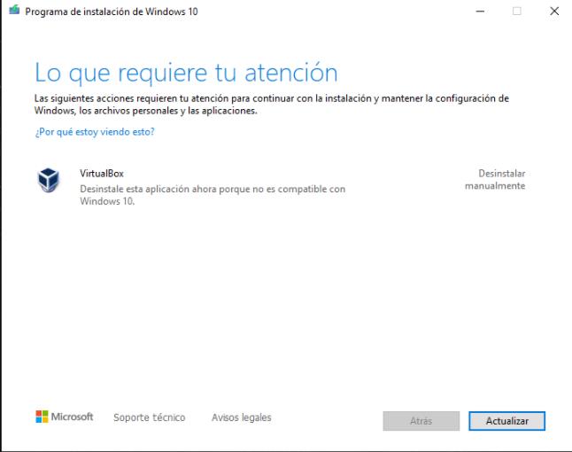¿Qué debo hacer si no puedo actualizar Windows 10 debido a Virtualbox?
