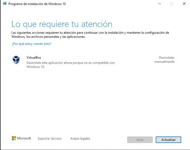 ¿Qué debo hacer si no puedo actualizar Windows 10 debido a Virtualbox?