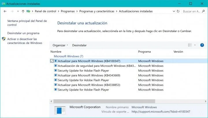 Desinstalar la actualización KB4100347 de Windows 10 para mejorar el rendimiento de la CPU en 10%