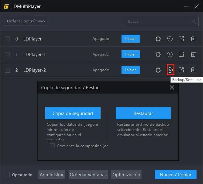 ¿Cómo hacer una copia de seguridad y restaurar los datos del emulador?