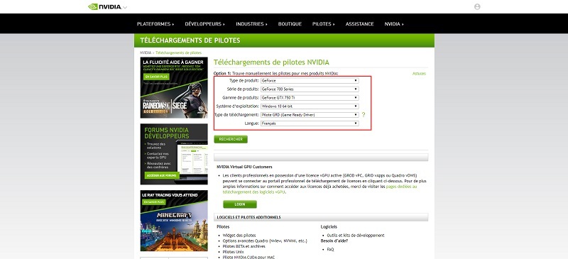 Rechercher le pilote graphique sur le site officiel