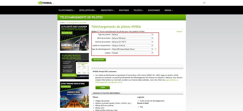 Rechercher le pilote graphique sur le site officiel