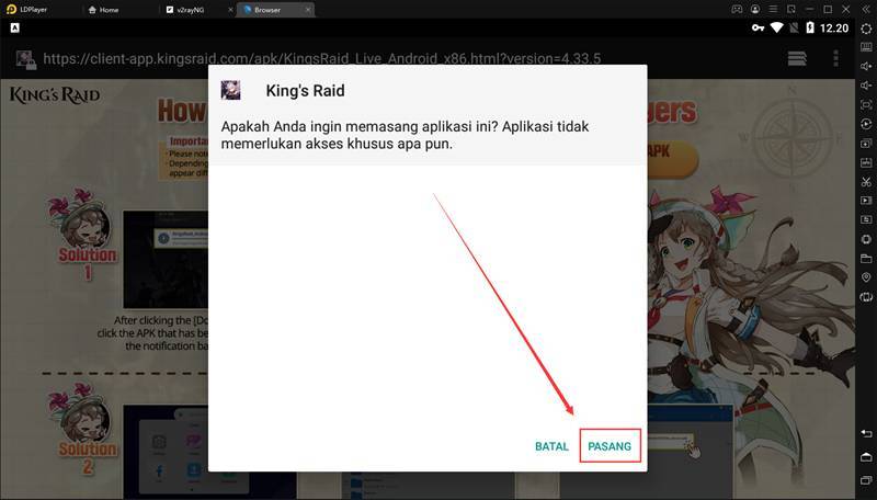 Bagaimana cara mengunduh dan menginstal paket instalasi khusus emulator Kings Raid?