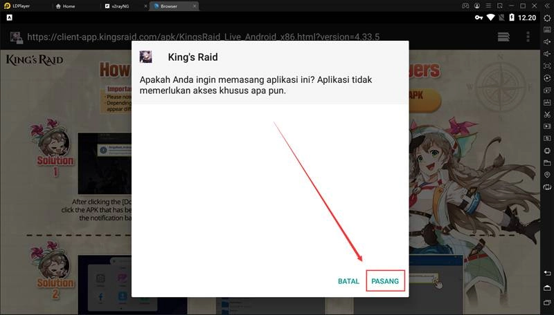 Bagaimana cara mengunduh dan menginstal paket instalasi khusus emulator Kings Raid?