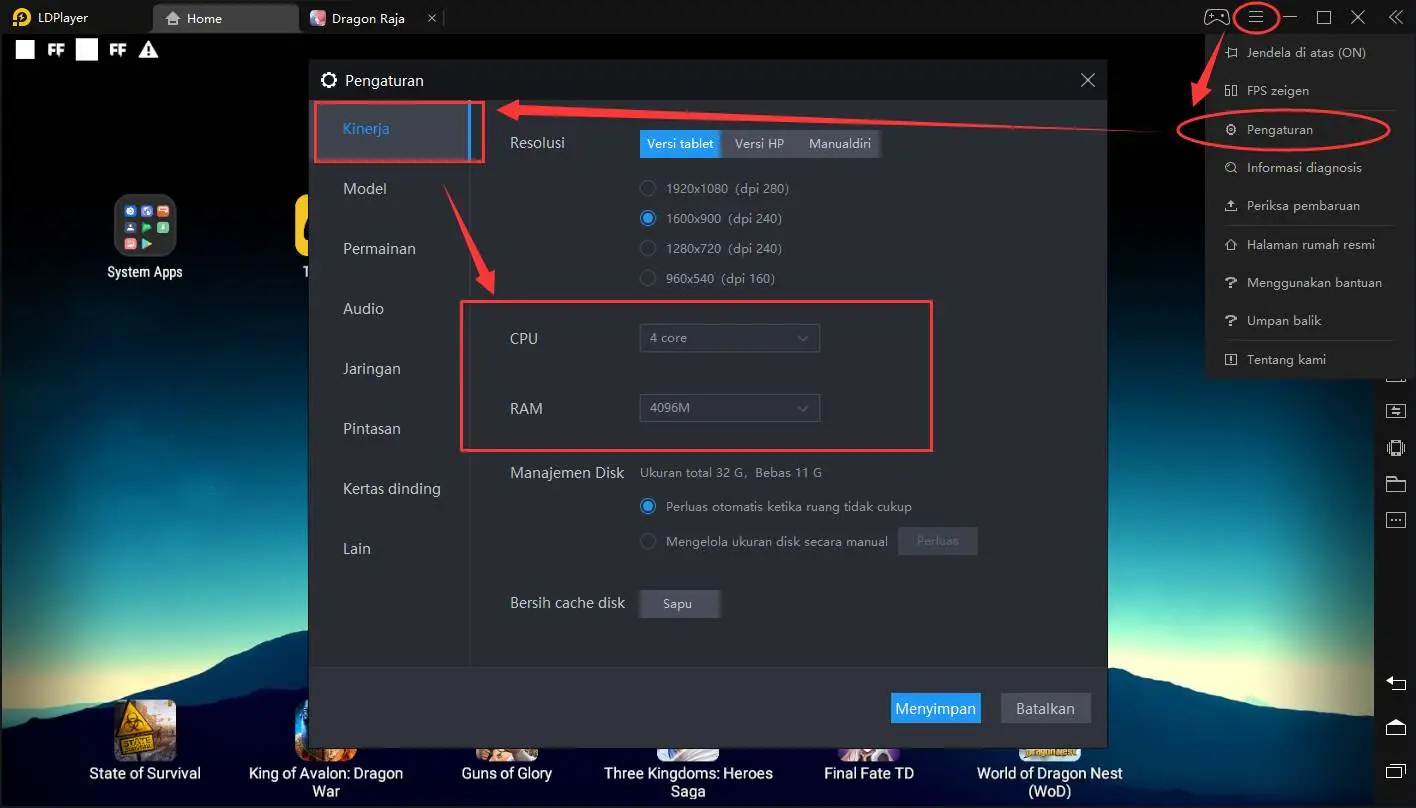 Tampilan LDPlayer dan meningkatkan CPU simulator dan tutorial memori