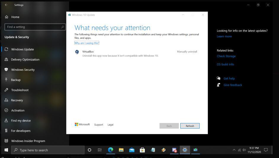 Pembaruan versi sistem operasi Windows 10 20H2 meminta bahwa itu tidak mendukung solusi VirtualBox