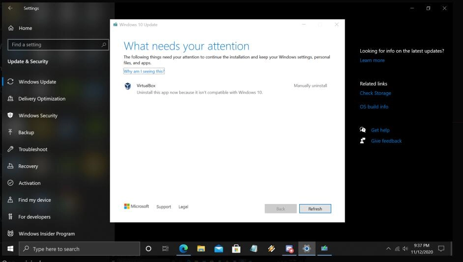 Pembaruan versi sistem operasi Windows 10 20H2 meminta bahwa itu tidak mendukung solusi VirtualBox