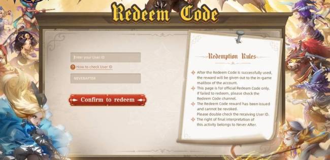 redeem code never after