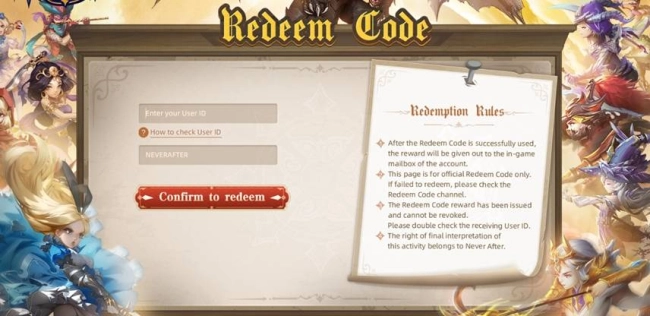 redeem code never after