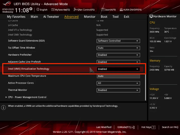 ASUSパソコンでVTの有効する方法