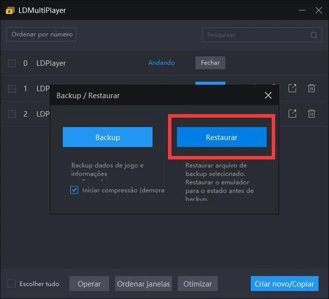 Como fazer backup e restauração no emulador ?