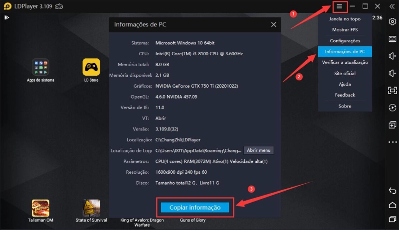 Como saber as informações de computador no emulador?