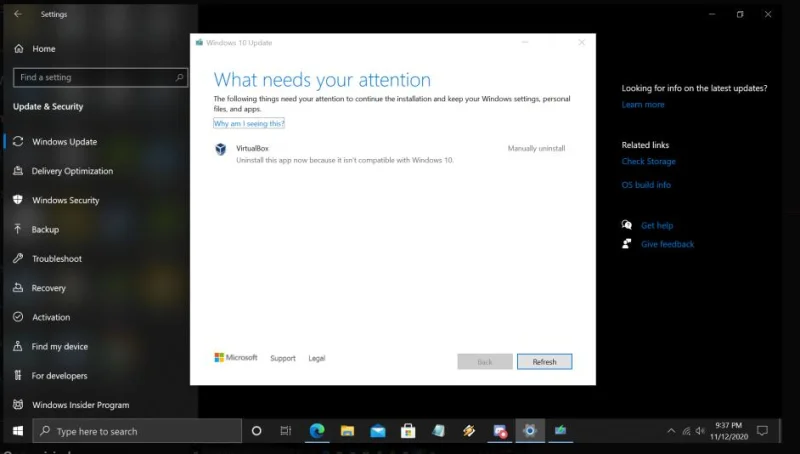 Solução de Windows 10 Insider Preview 20257.1 não suporta a &nbsp;VirtualBox