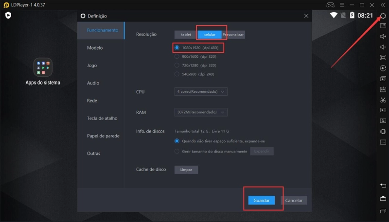 Como mudar a resolução celular no emulador ?