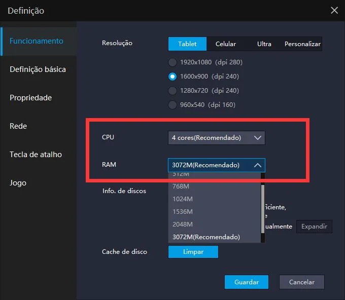 Onde pode configurar CPU e RAM no LDPlayer?