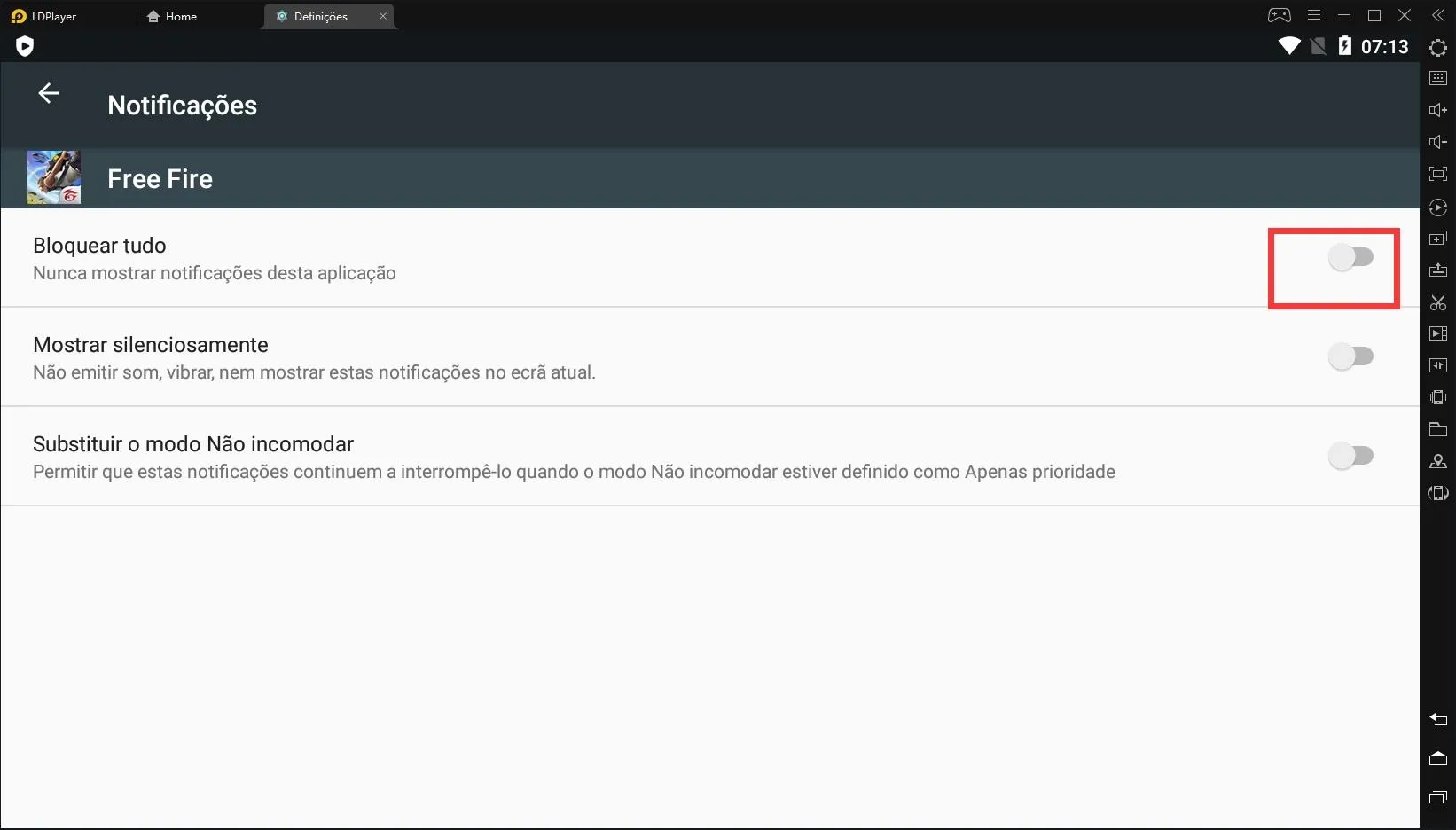 Desative as notificações no LDPlayer para reduzir o uso da CPU