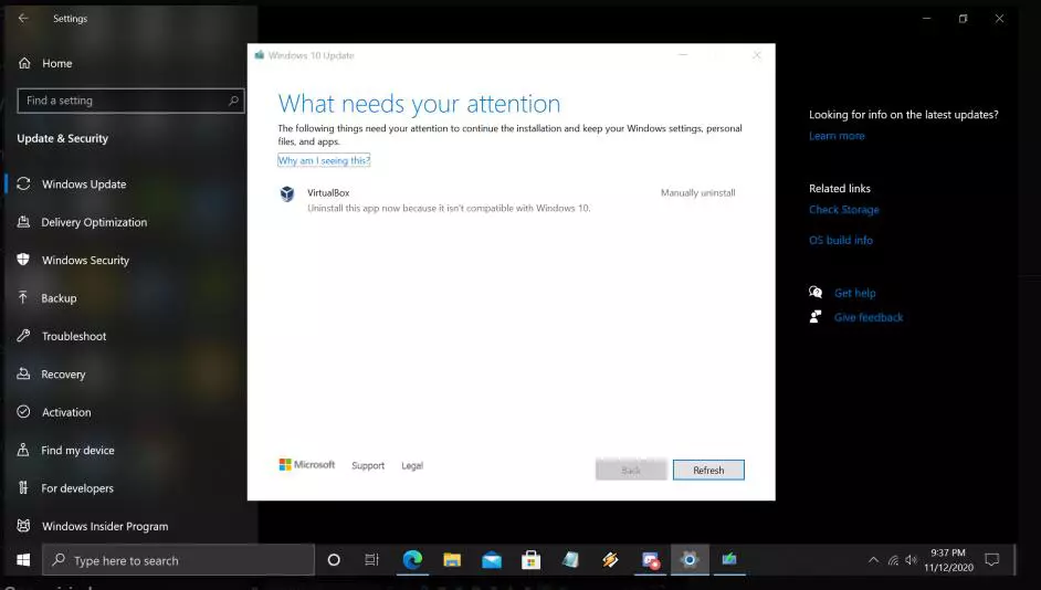 Giải pháp hệ thống beta nâng cấp Windows 10 nhắc rằng VirtualBox không được hỗ trợ