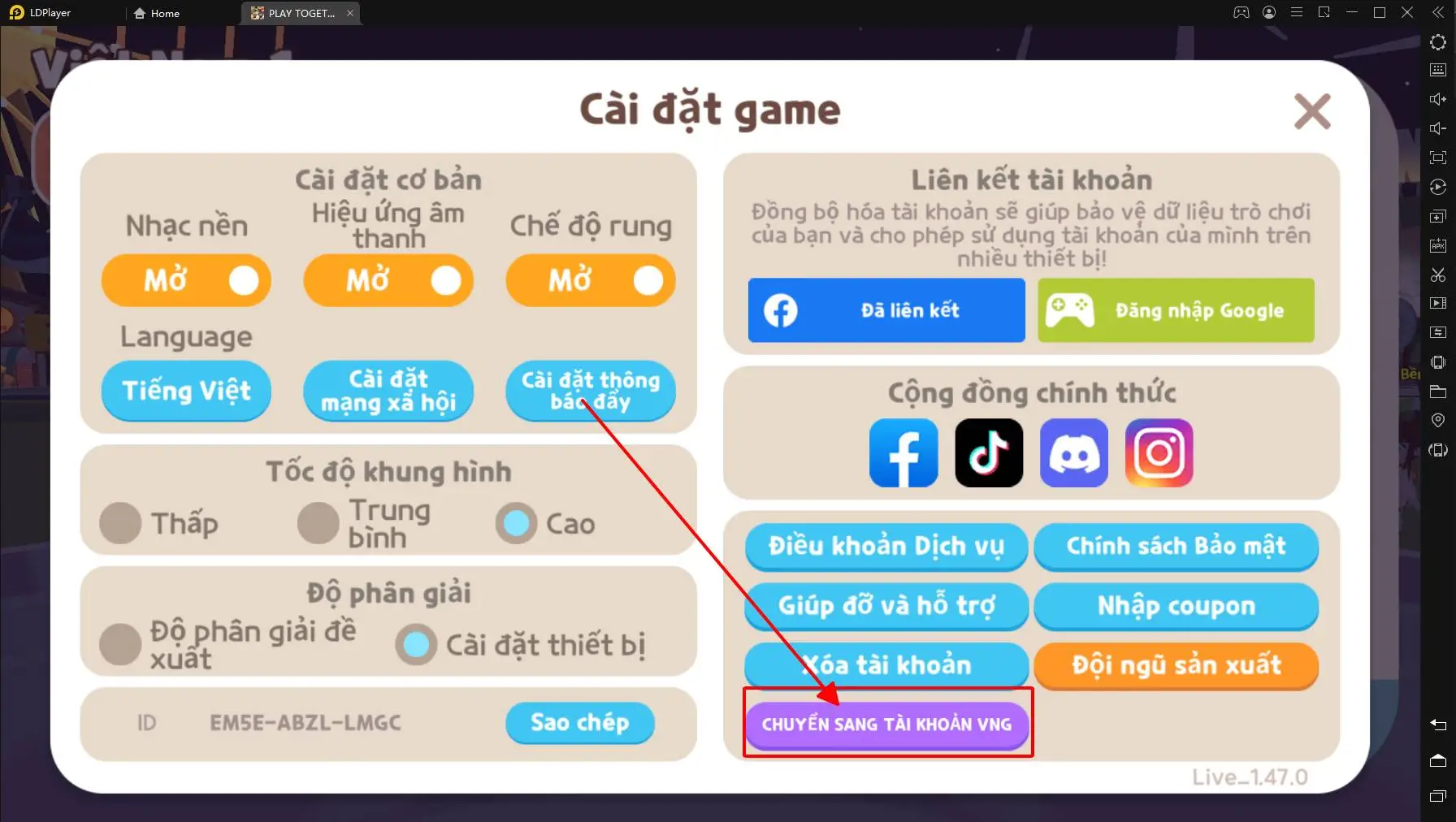 『HƯỚNG DẪN』CHƠI PLAY TOGETHER + CHUYỂN ĐỔI ACC TỪ GLOBAL SANG VNG TRÊN LDPLAYER