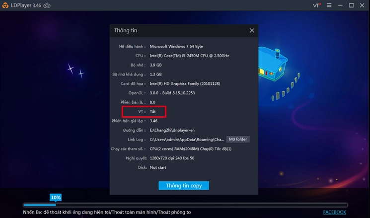 Đã bật VT trong BIOS, nhưng vẫn tắt trên LDPlayer
