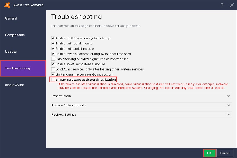 Disable Hardware Assisted Virtualization On Avast Antivirus