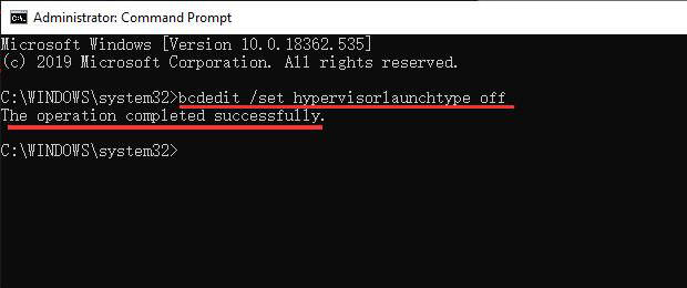 Entrez le Code: bcdedit /set hypervisorlaunchtype off